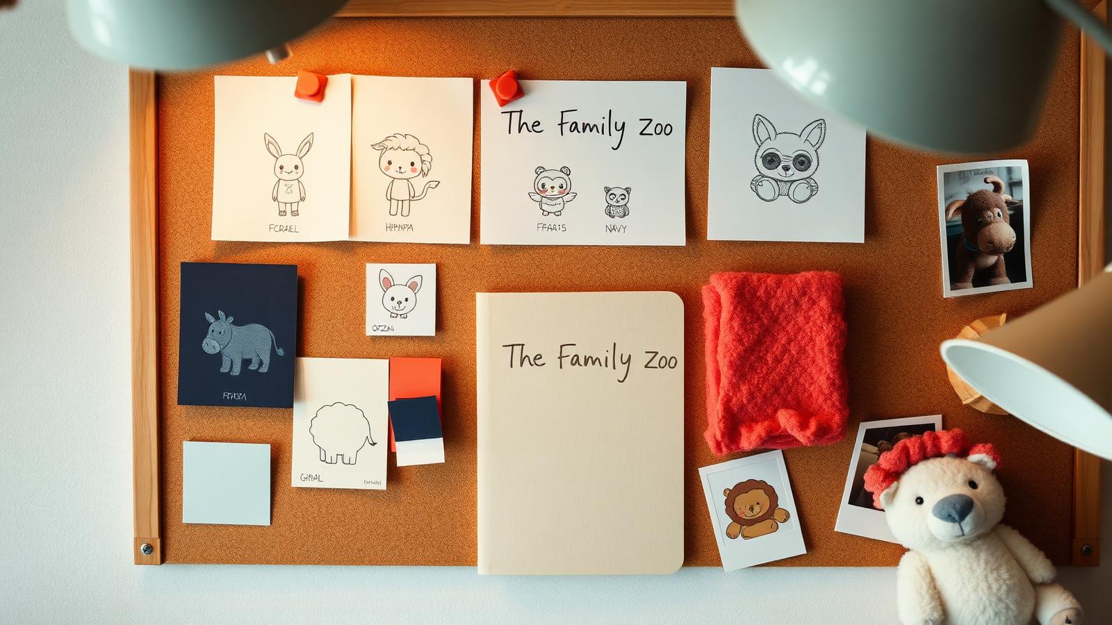 A creative workspace mood board with sketches of the Mighty Su characters, color swatches and plush prototypes