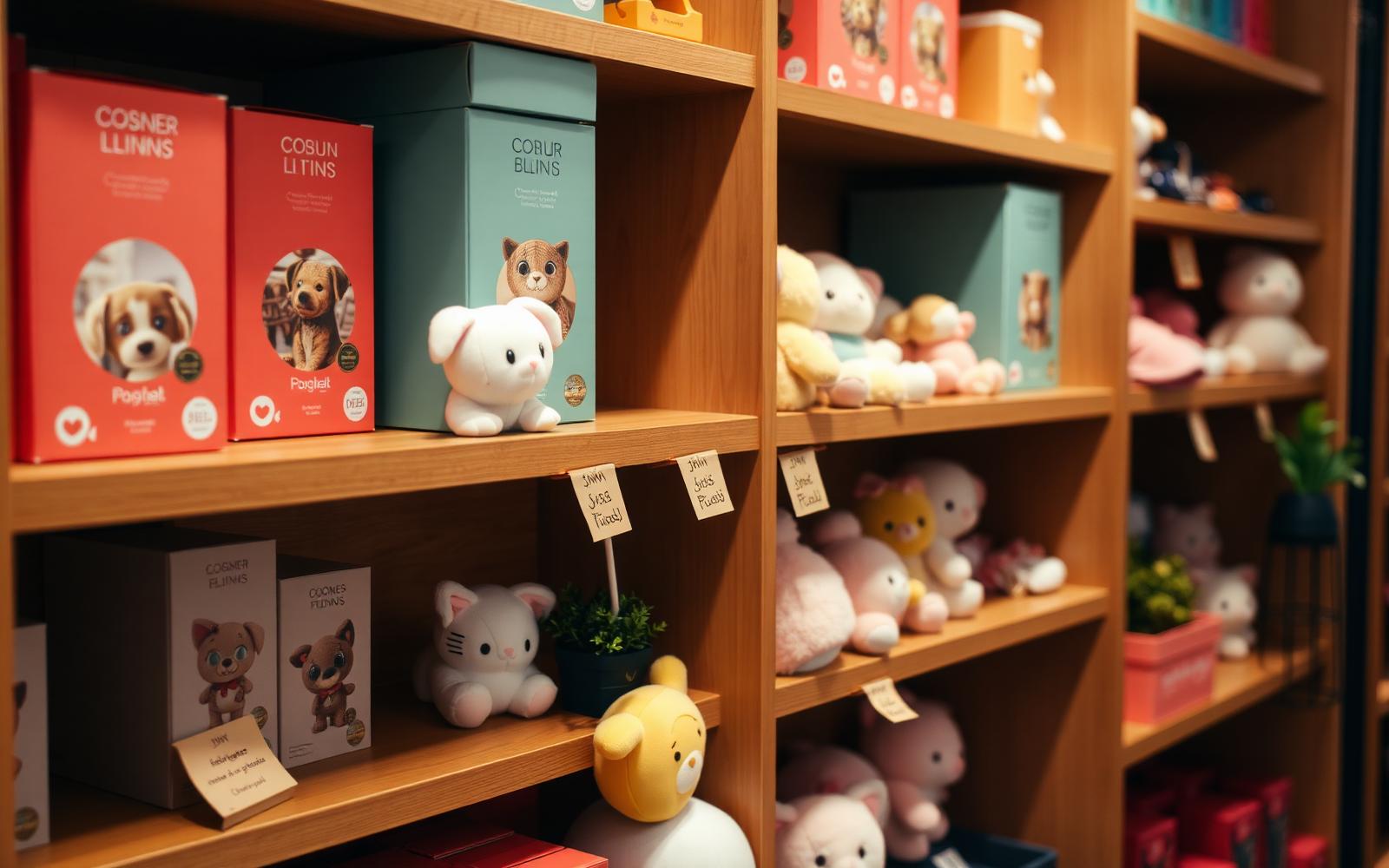A boutique toy store shelf displaying SuPlushies blind boxes and plushies